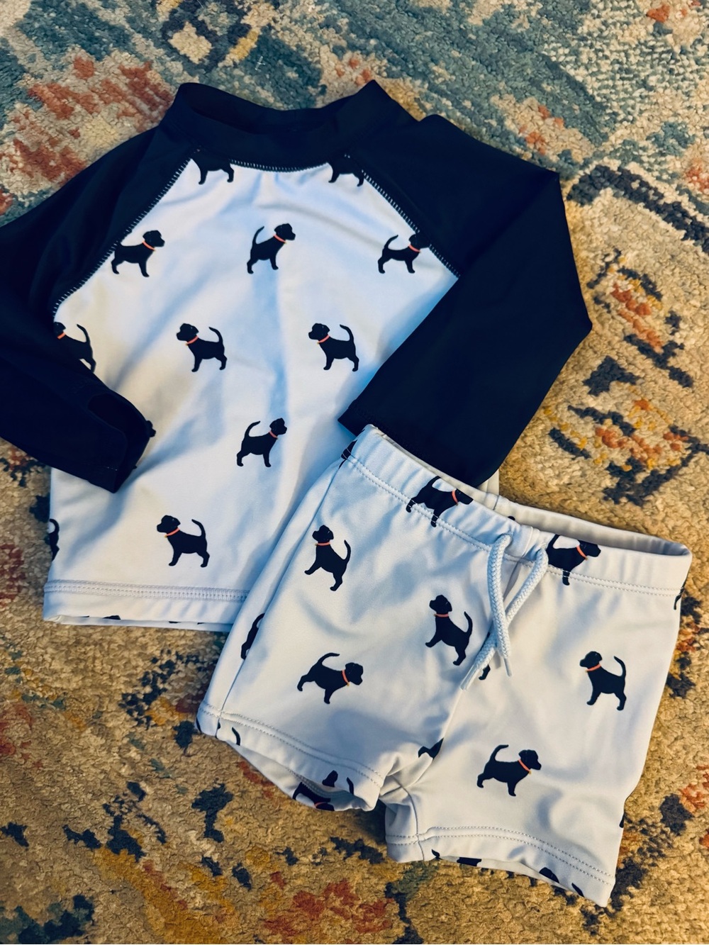 Janie and Jack 6-12mth Swim & Rash-guard Set Baby Blue w/Black Puppy Print NEW
